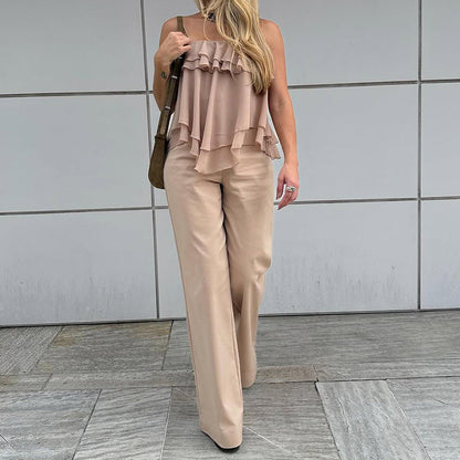 Sets | Women’s Ruffled Camisole Top and Wide-Leg Pants Two-Piece Set