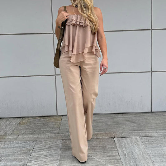 Sets | Women’s Ruffled Camisole Top and Wide-Leg Pants Two-Piece Set