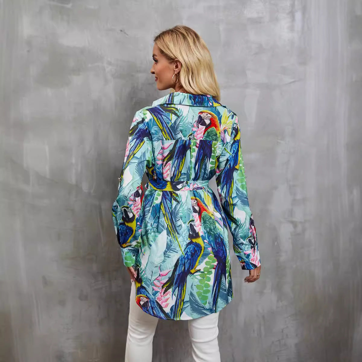 Tops | Women’s Tropical Print Long Sleeve Button-Down Shirt with Waist Tie