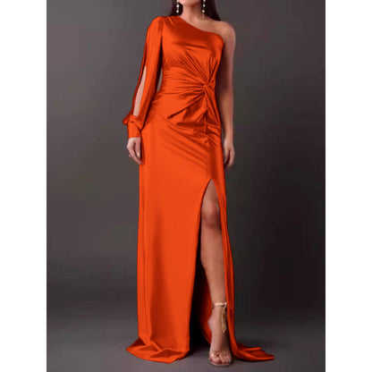 Dresses | Women’s One-Shoulder Satin Maxi Dress with High Slit and Ruched Detail