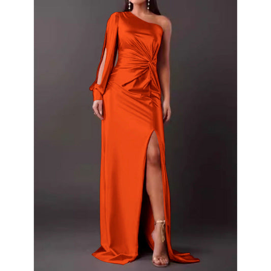 Dresses | Women’s One-Shoulder Satin Maxi Dress with High Slit and Ruched Detail