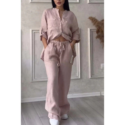 Two-Piece Set | Linen Blend Shirt and Wide-Leg Trousers for Women