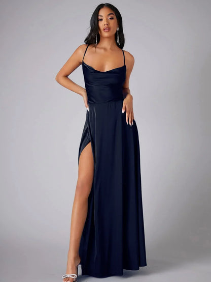 Dresses | Women’s Satin Cowl Neck Spaghetti Strap Gown