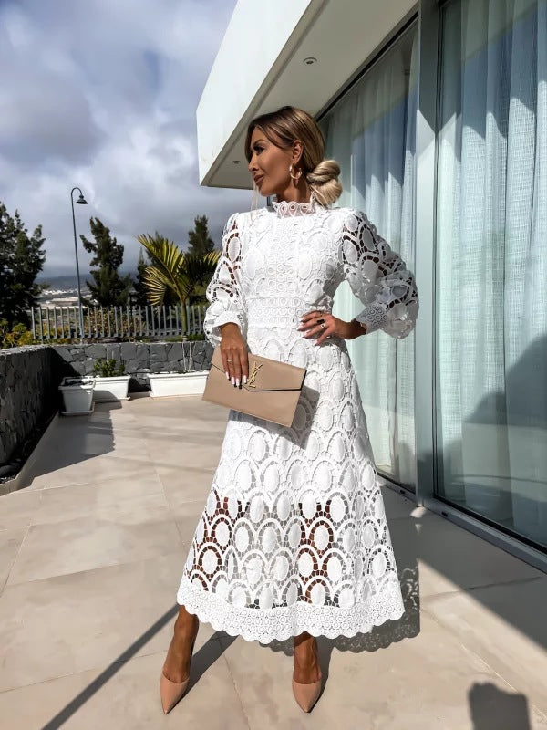 Dresses | Women’s Elegant Lace Midi Dress with Sheer Sleeves