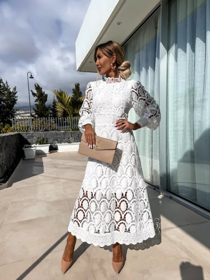 Dresses | Women’s Elegant Lace Midi Dress with Sheer Sleeves