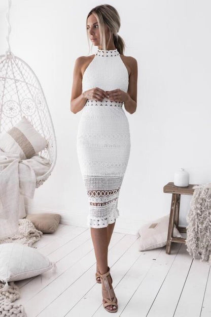 Dress | Slim Fit Midi Dress with Halter Neck and Lace Detail