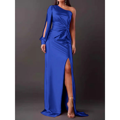 Dresses | Women’s One-Shoulder Satin Maxi Dress with High Slit and Ruched Detail