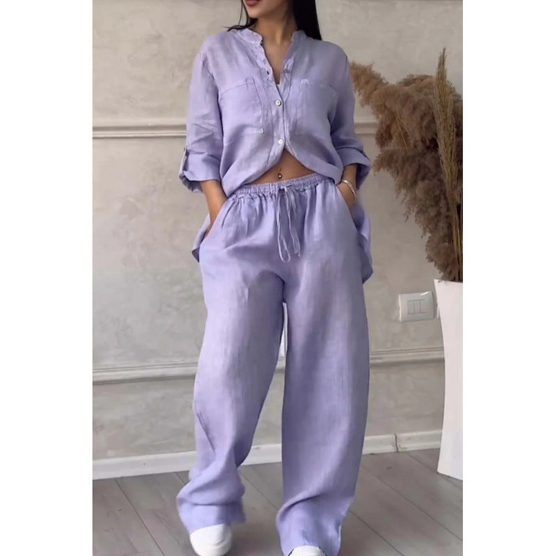 Two-Piece Set | Linen Blend Shirt and Wide-Leg Trousers for Women