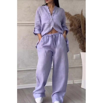 Two-Piece Set | Linen Blend Shirt and Wide-Leg Trousers for Women