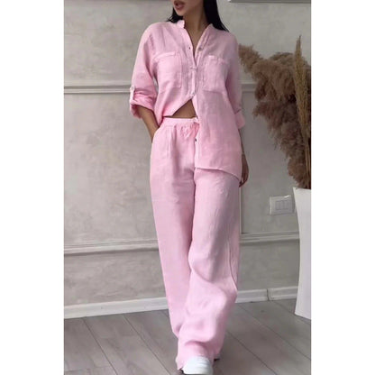 Two-Piece Set | Linen Blend Shirt and Wide-Leg Trousers for Women