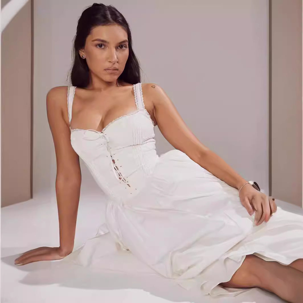 Dresses | Women’s White Midi Dress with Fitted Bodice and Flared Skirt