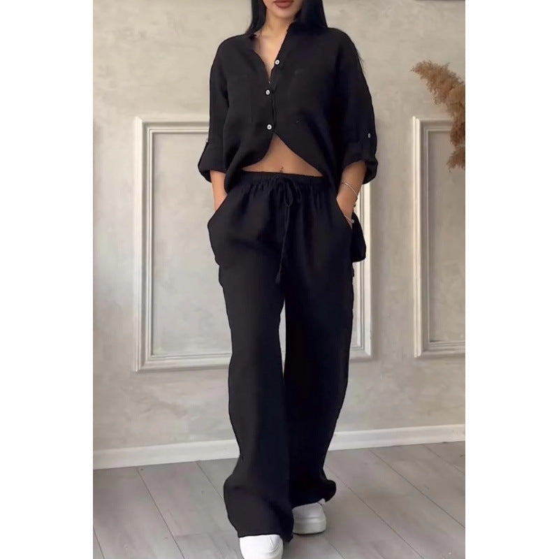 Two-Piece Set | Linen Blend Shirt and Wide-Leg Trousers for Women