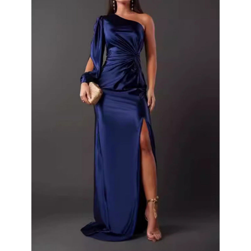 Dresses | Women’s One-Shoulder Satin Maxi Dress with High Slit and Ruched Detail