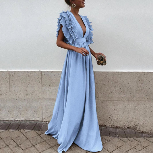 Dresses | Women’s Deep V-Neck Ruffle Sleeve Flowy Maxi Dress