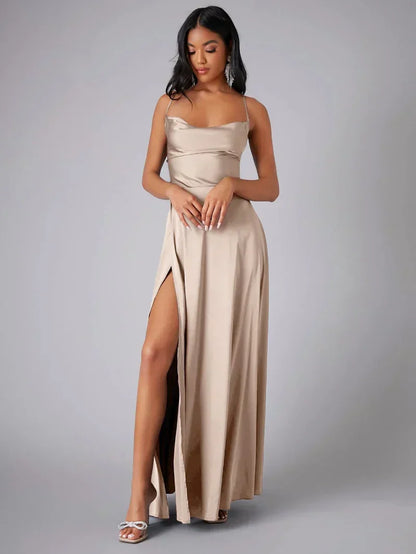 Dresses | Women’s Satin Cowl Neck Spaghetti Strap Gown