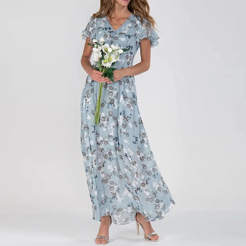 Dresses | Women’s Flutter Sleeve Floral Print Chiffon Maxi Dress
