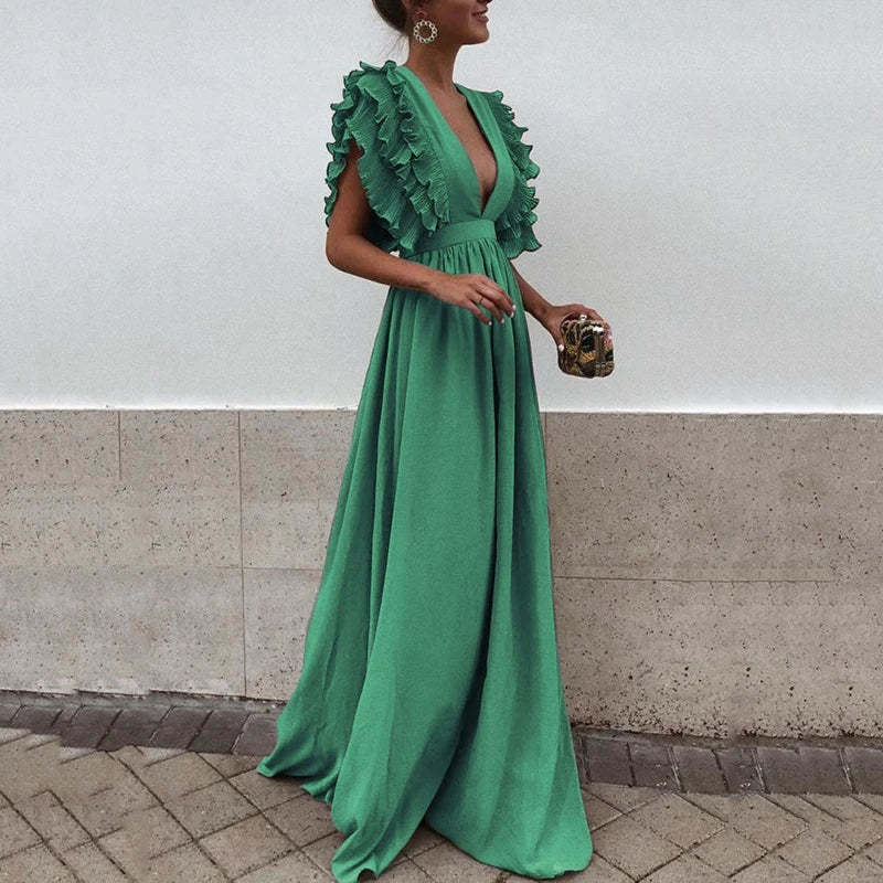 Dresses | Women’s Deep V-Neck Ruffle Sleeve Flowy Maxi Dress