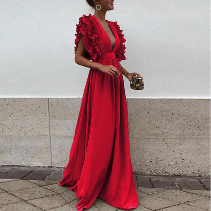 Dresses | Women’s Deep V-Neck Ruffle Sleeve Flowy Maxi Dress