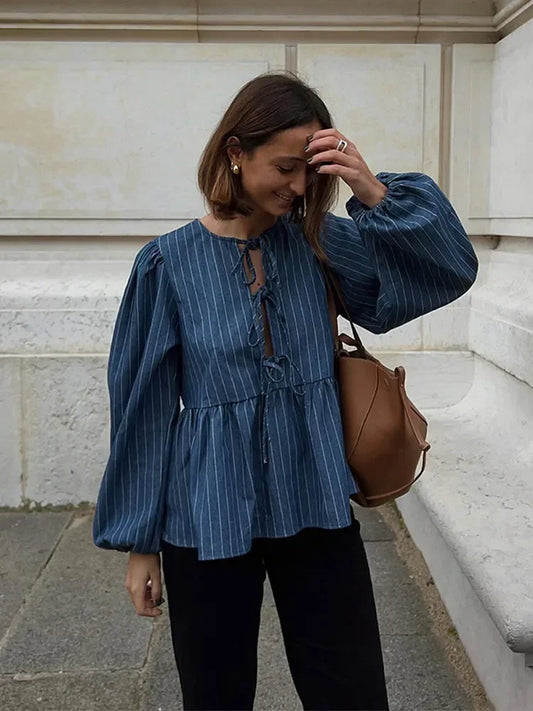 Top | Vintage Pinstriped Long-Sleeve Peplum Top