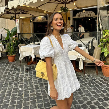 Dresses | Women’s Lace Puff Sleeve Deep V-Neck Mini Dress