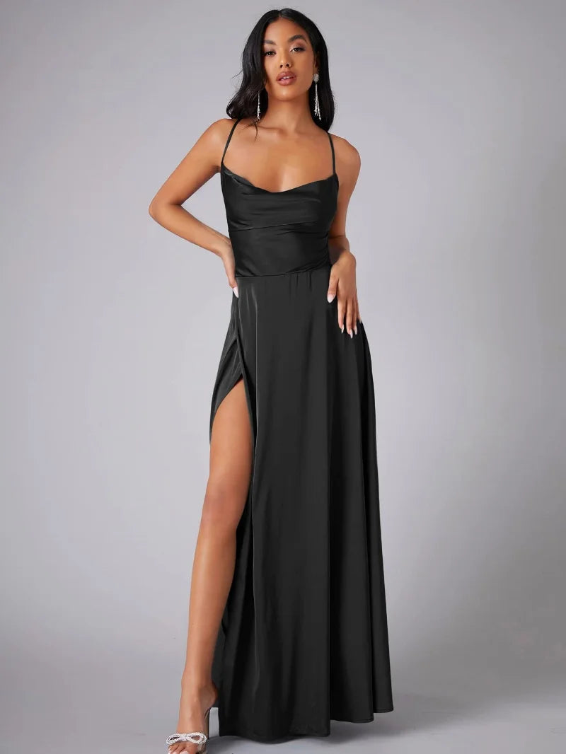 Dresses | Women’s Satin Cowl Neck Spaghetti Strap Gown