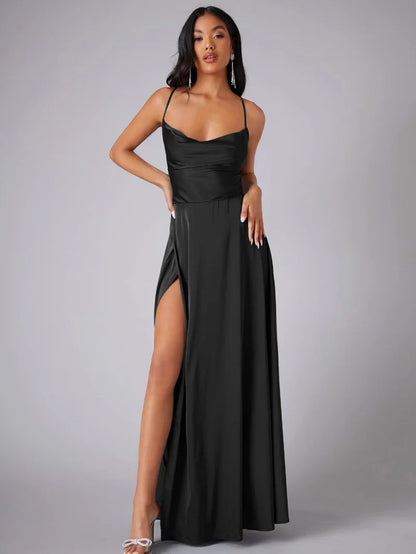 Dresses | Women’s Satin Cowl Neck Spaghetti Strap Gown