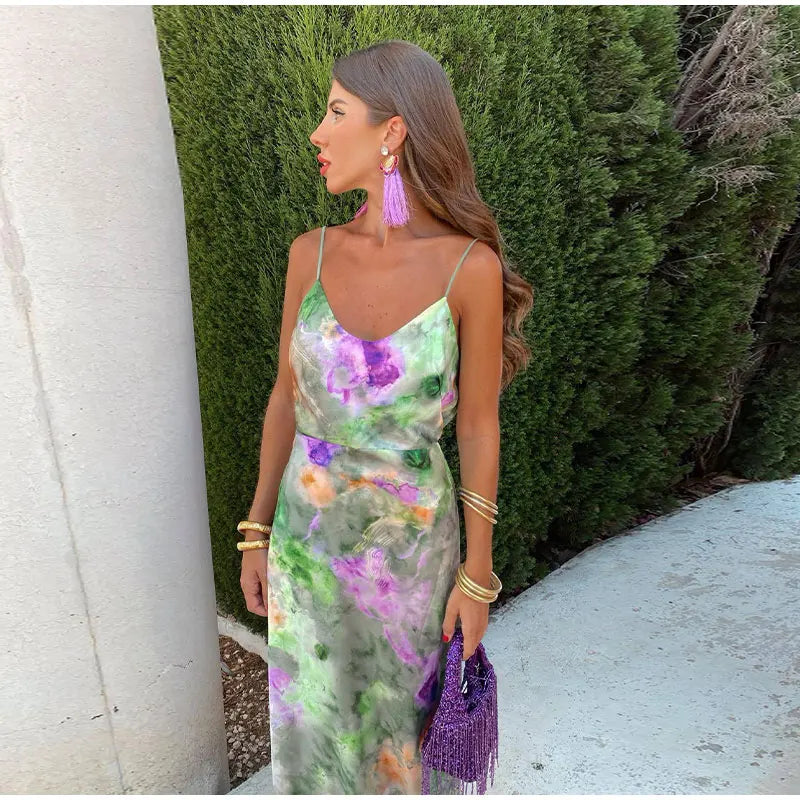 Dresses | Women’s Floral Satin Cowl Neck Spaghetti Strap Maxi Dress