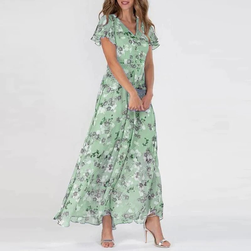 Dresses | Women’s Flutter Sleeve Floral Print Chiffon Maxi Dress