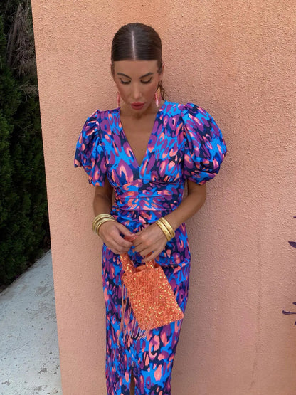 Dress | Pleated Sleeve Colorful Midi Dress
