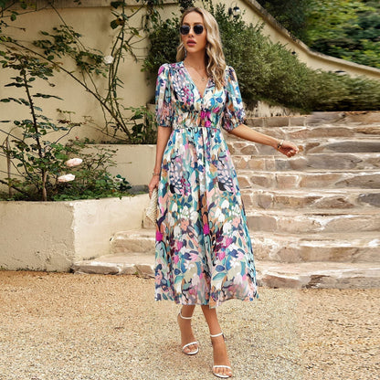 Dress | V-Neck Puff Sleeve Midi with Waist Tie