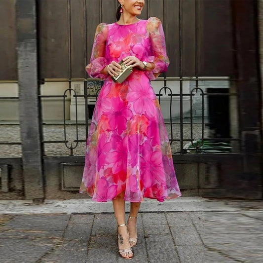 Dresses | Women’s Floral Mesh Long Sleeve A-Line Midi Dress