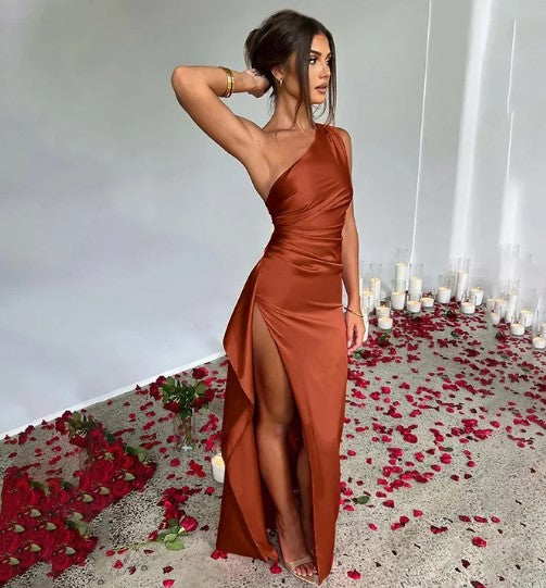 Dresses | Emily Slim Fit Satin Maxi Dress with Slanted Shoulders and Slits