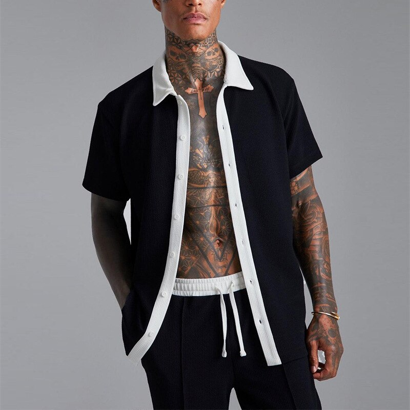 Sets | Men’s Contrast Trim Short Sleeve Shirt & Drawstring Shorts Set