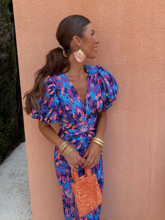 Dress | Pleated Sleeve Colorful Midi Dress