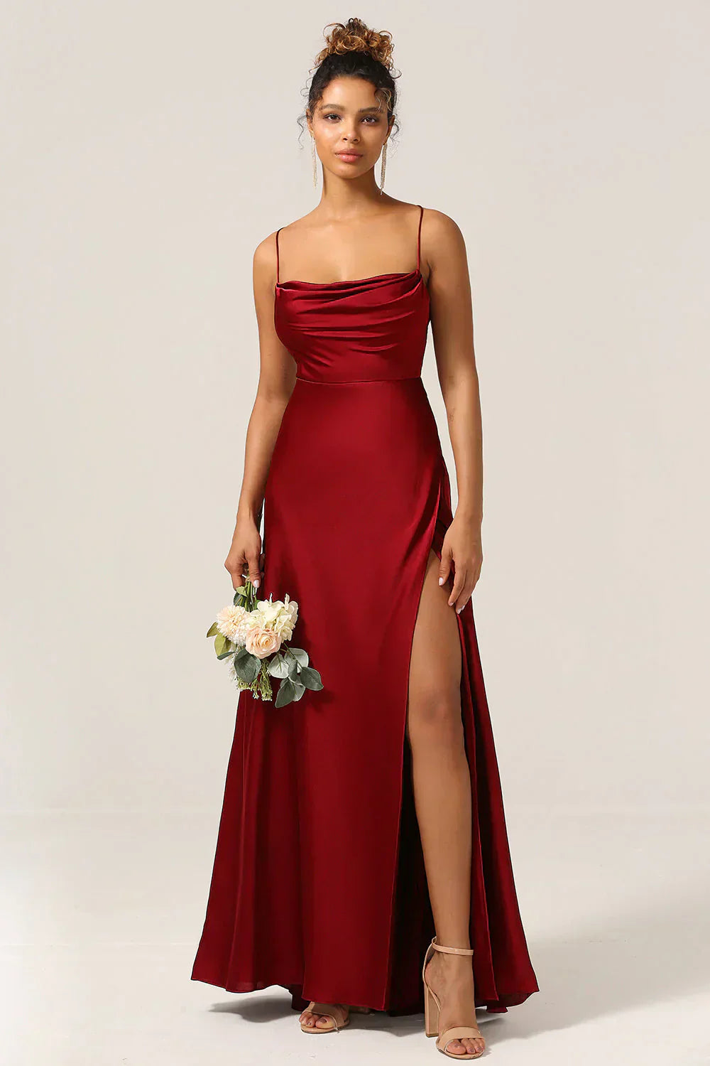 Dresses | Women’s Satin Cowl Neck Spaghetti Strap Gown