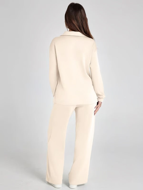 Two-Piece Set | V-Neck Sweatshirt & Wide-Leg Trousers