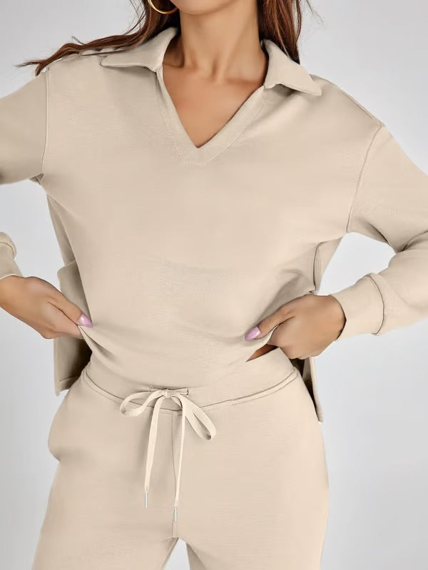 Two-Piece Set | V-Neck Sweatshirt & Wide-Leg Trousers