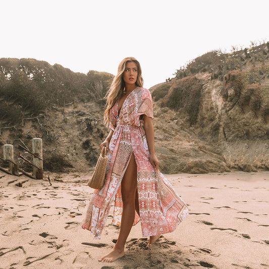 Dress | Bohemian Floral Midi Dress with Flowing Silhouette