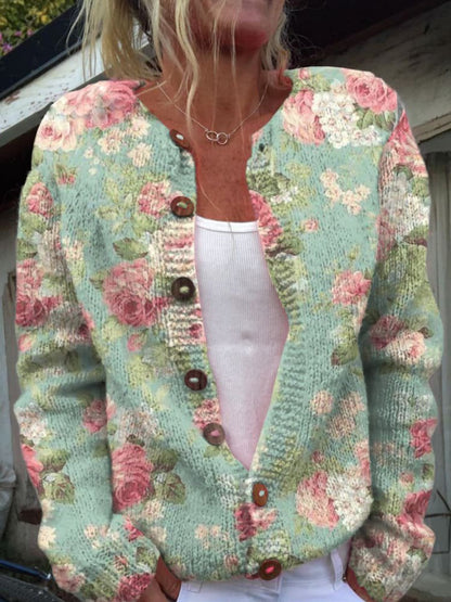 Cardigan | Floral Knit Button-Up Cardigan for Women