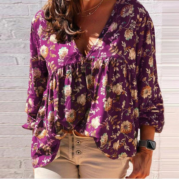 Tops | Women’s Boho Floral Print V-Neck Long Sleeve Blouse