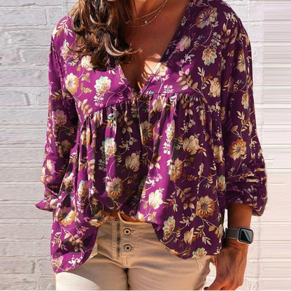 Tops | Women’s Boho Floral Print V-Neck Long Sleeve Blouse