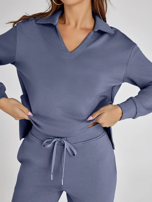 Two-Piece Set | V-Neck Sweatshirt & Wide-Leg Trousers