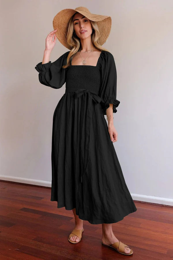 Dress | Smocked Bodice Midi Dress with Puff Sleeves
