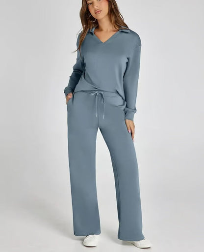 Two-Piece Set | V-Neck Sweatshirt & Wide-Leg Trousers