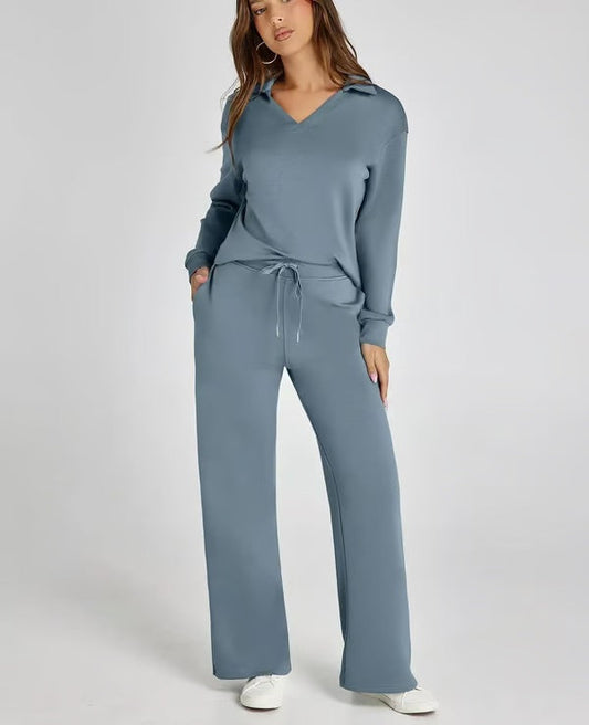 Two-Piece Set | V-Neck Sweatshirt & Wide-Leg Trousers