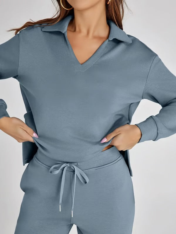 Two-Piece Set | V-Neck Sweatshirt & Wide-Leg Trousers