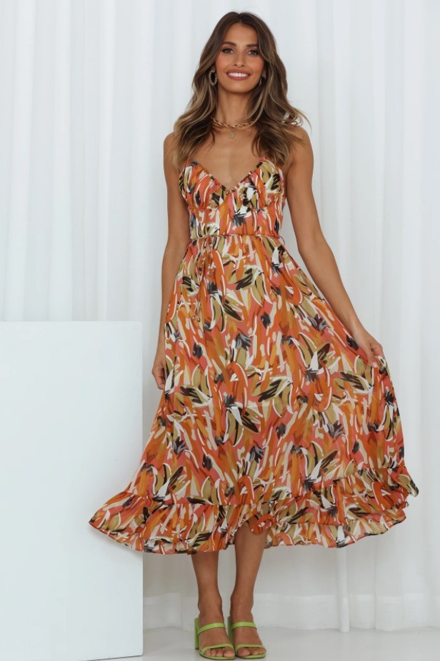 Dresses | Women’s Strapless Tropical Print Midi Dress with Ruffled Hem