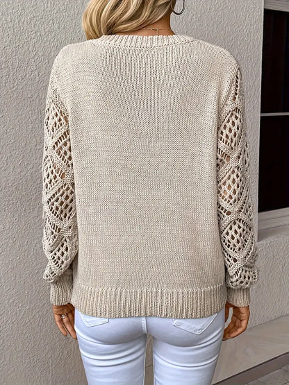 Sweaters | Women’s V-Neck Knit Sweater with Crochet Lace Sleeves