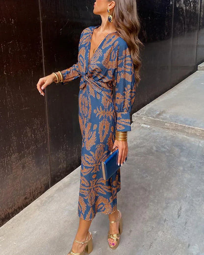 Dresses | Women’s Boho Print Long Sleeve Wrap Midi Dress