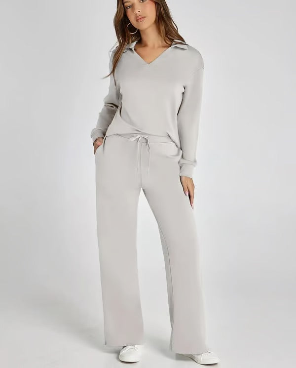 Two-Piece Set | V-Neck Sweatshirt & Wide-Leg Trousers